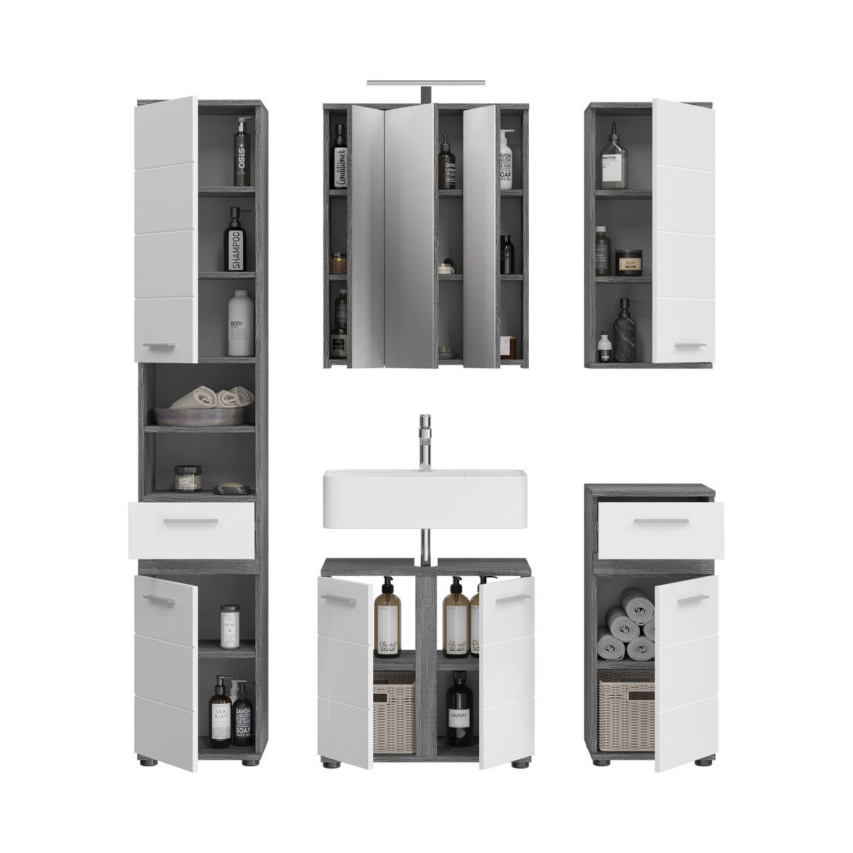 BADKOMBINATION 5tlg. inkl. Beleuchtung Blake Bad in Rauchsilber Nb. und weiß HG B/H/T: 164x191x34 cm - Anthrazit, Holz (164/191/34cm)