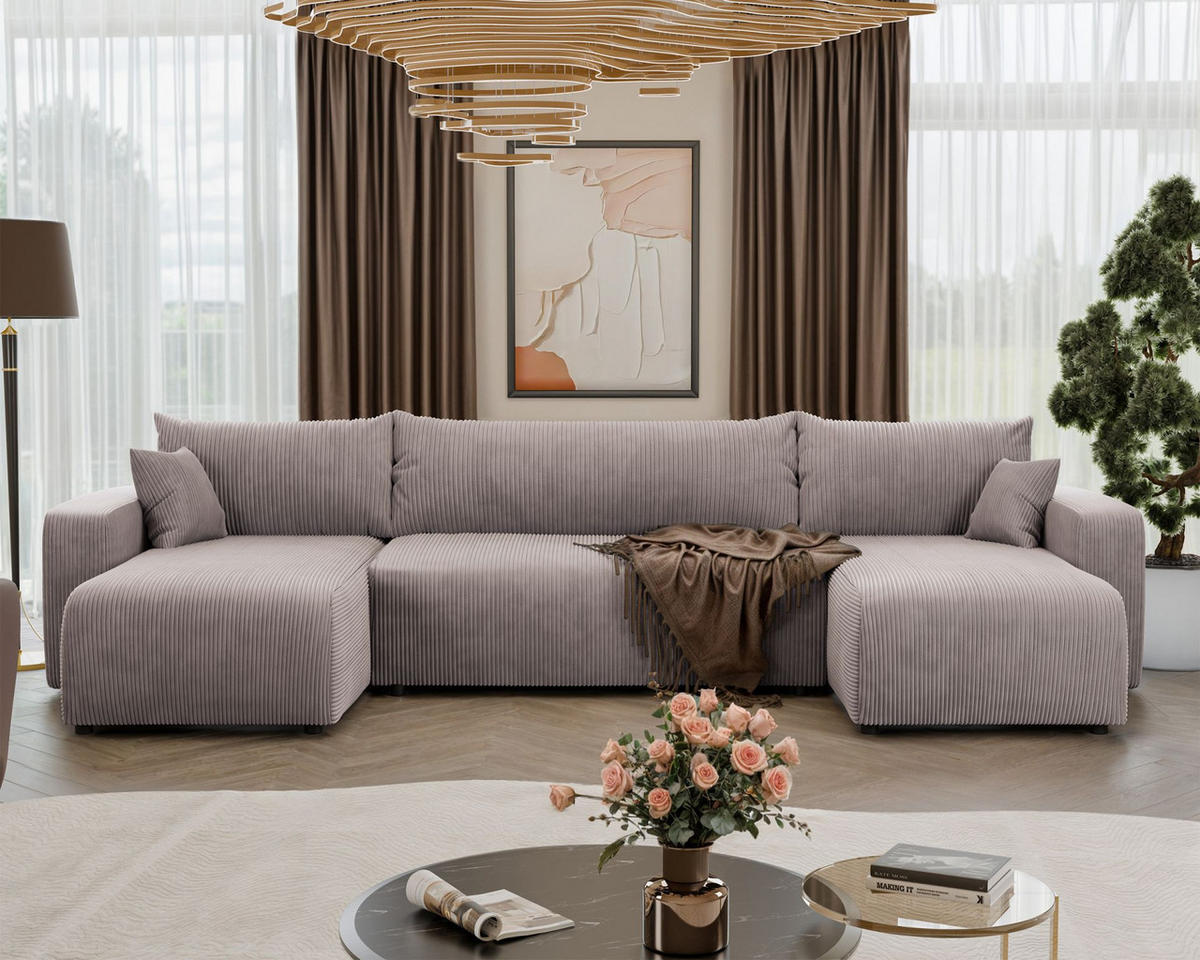 WOHNLANDSCHAFT Pianoni Beige Cordbezug - Beige/Schwarz, Kunststoff/Textil (312/83/140cm) - Selsey