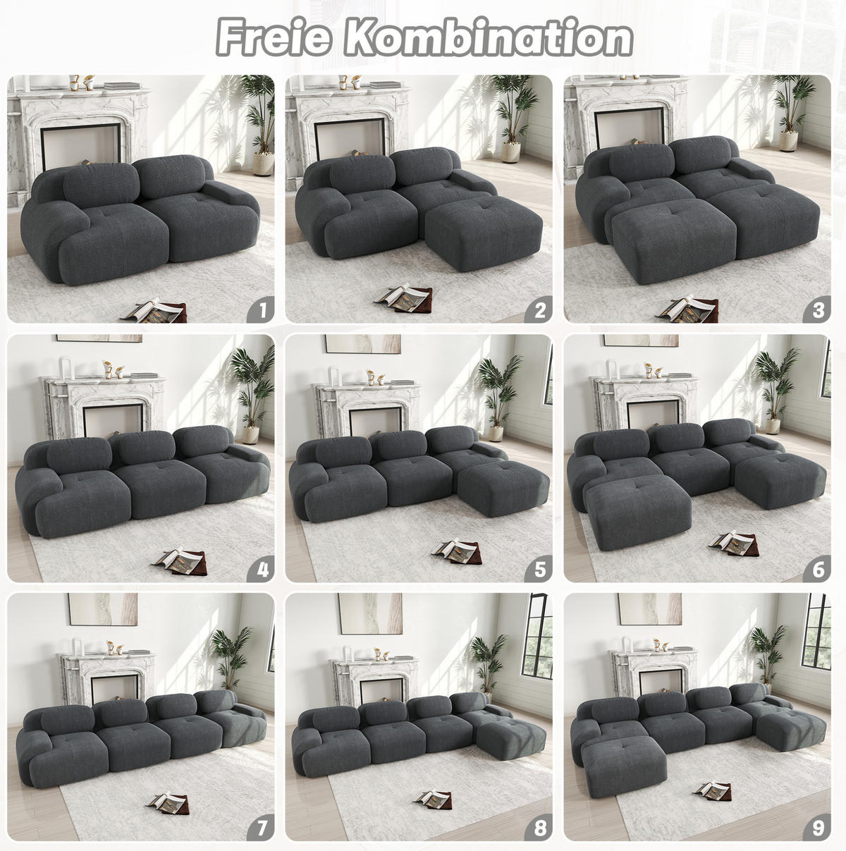 SOFA 208/103/70 cm in Grau aus Cord mit modularer Form und rutschfester Unterseite - Grau, Textil (103/70/208cm) - Flora Grace