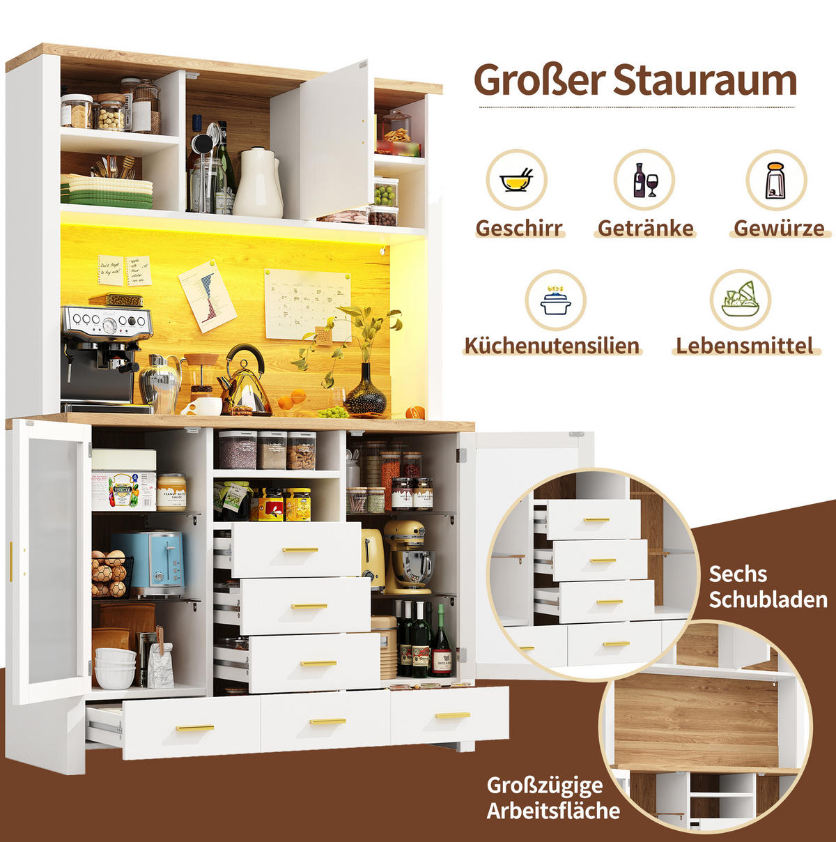 BUFFETSCHRANK 120/40/188 cm Weiß aus MDF mit LED-Lichtleiste - Weiß, Holzwerkstoff (120/188/40cm) - OKWISH