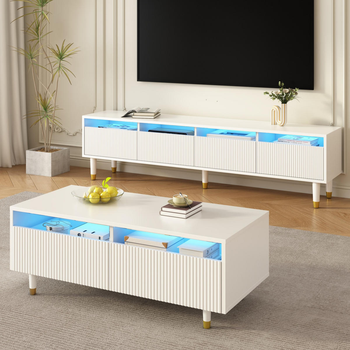 OBÝVACÍ sestava 178/35/45 cm bílá z MDF s LED osvětlením a úložným prostorem - bílá, kompozitní dřevo (178/45/35cm) - OKWISH