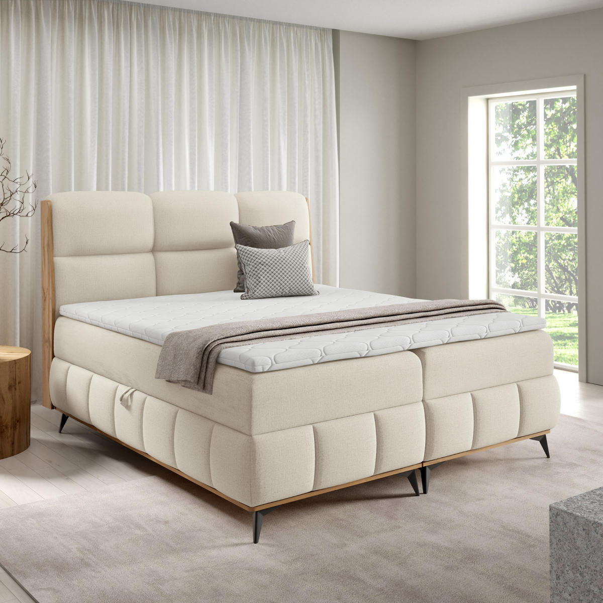 BOXBETT mit Stauraum und Topper 120x200 cm in Creme - Creme, Metall (120/200cm) - Home Collective