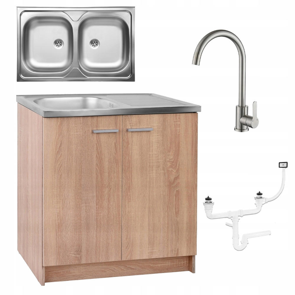 SPÜLUNTERSCHRANK 80cm mit Spüle + Armatur + Siphon Sonoma-Eiche - Sonoma Eiche, Holzwerkstoff (80/82/46cm) - Stamar