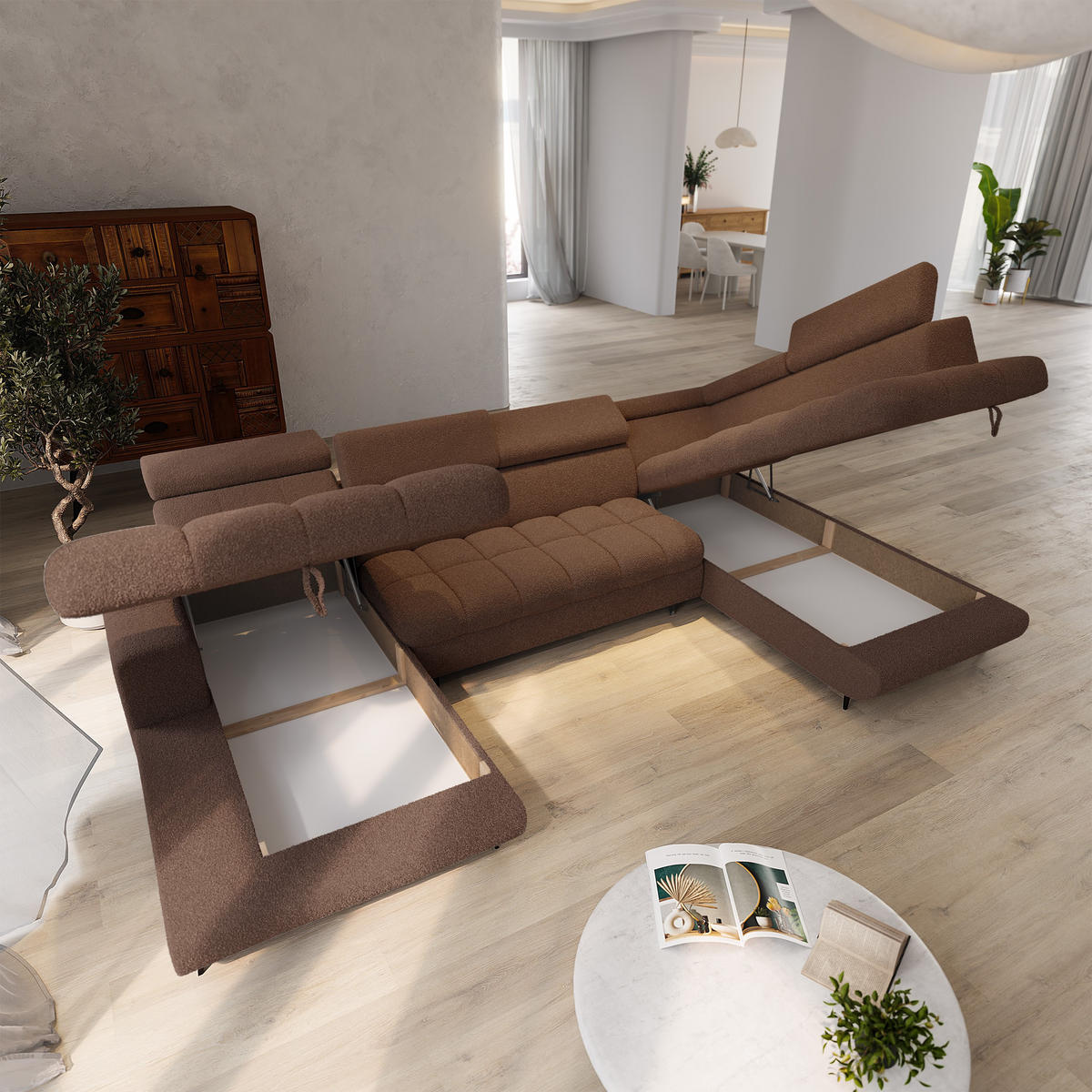 WOHNLANDSCHAFT CORENO Braun Boucle-Stoff mit Schlaffunktion - Braun, Holz (345/88/190cm) - MASSENO