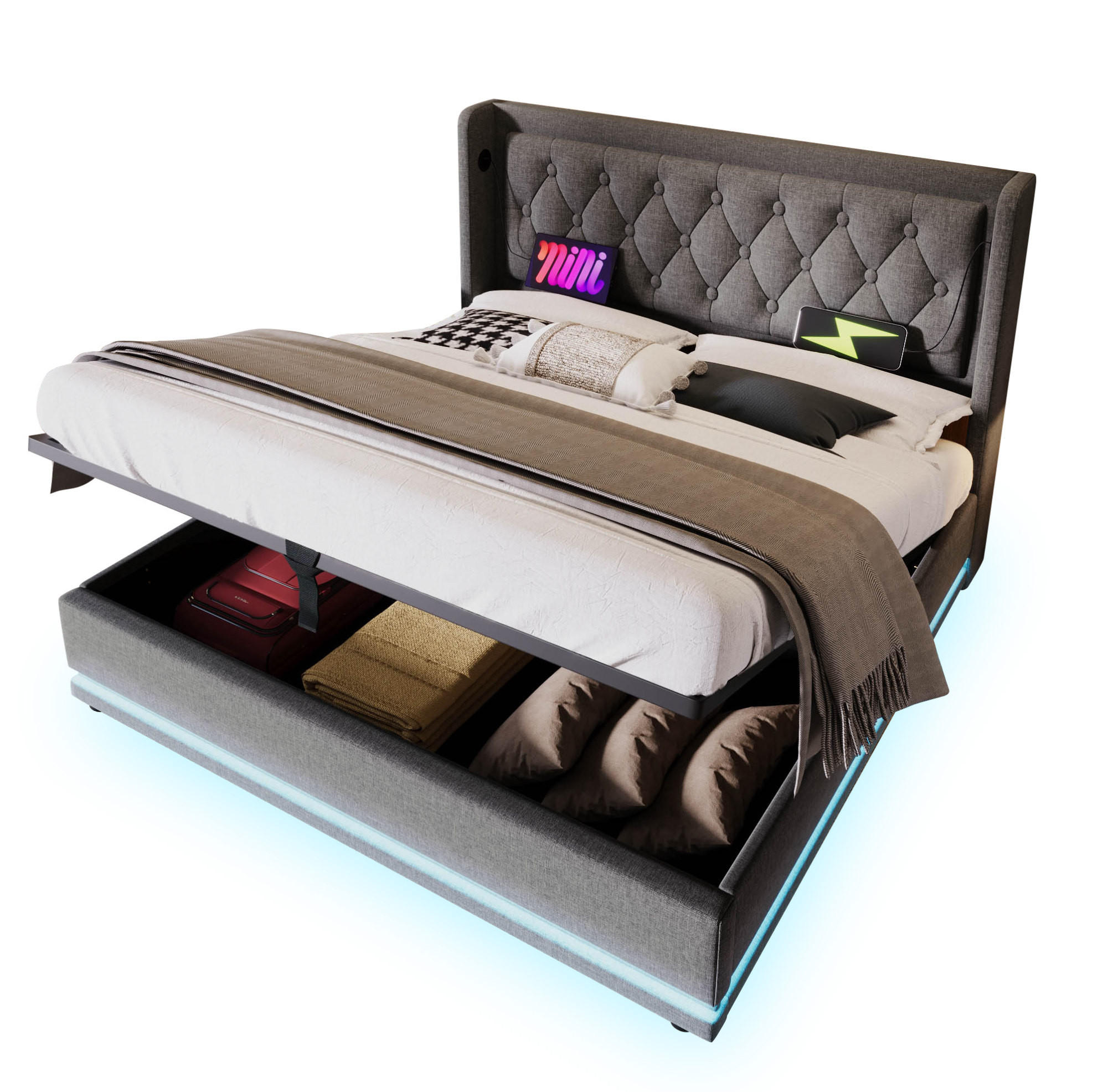 POLSTERBETT 160/200 cm mit Bettkasten, LED und USB-C in Grau - Grau, Textil (160/200cm) - BEAOK