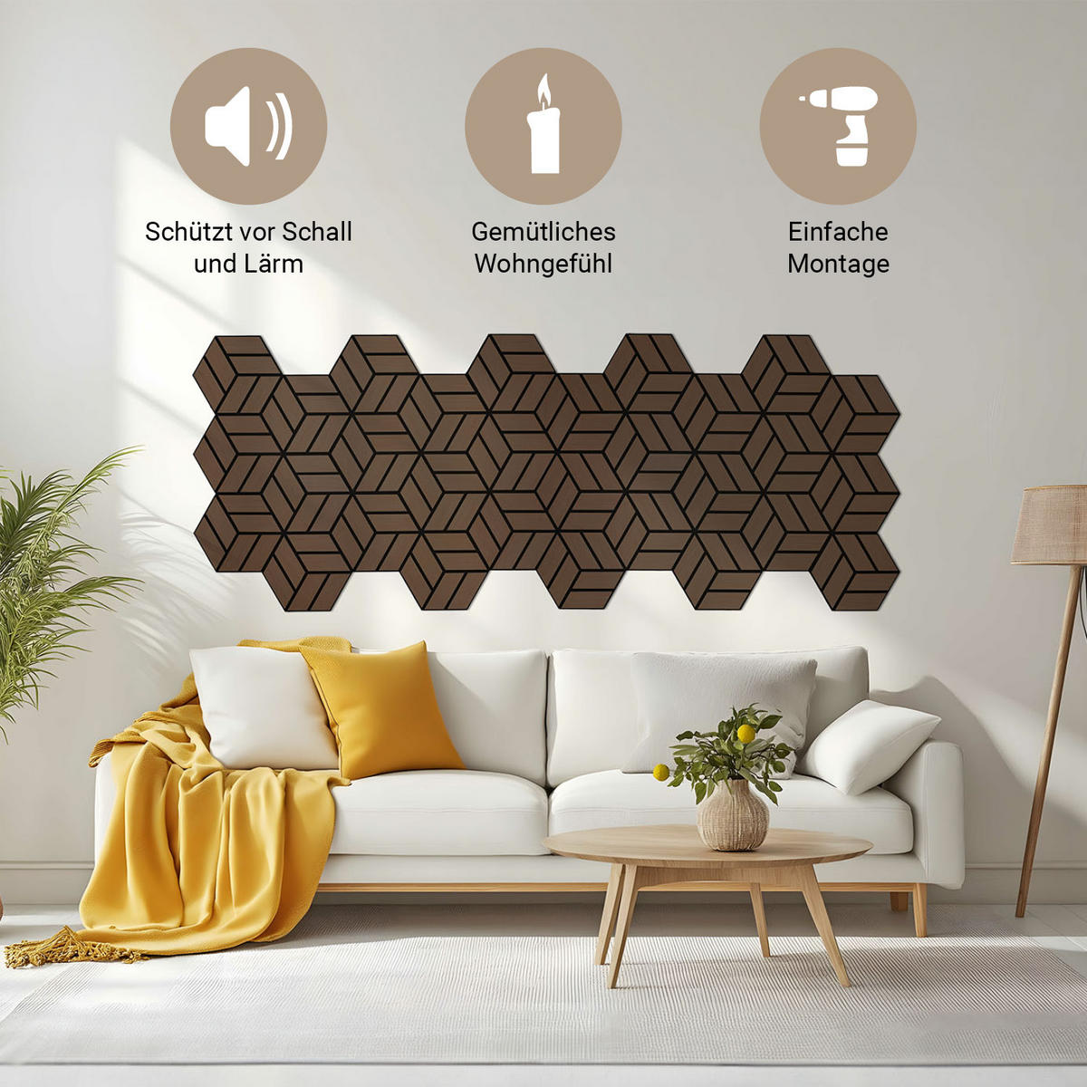 AKUSTIKPANEEL Hexagon Braun 15 Stück - Braun, Holz (30/26/2cm) - Homestyle4u