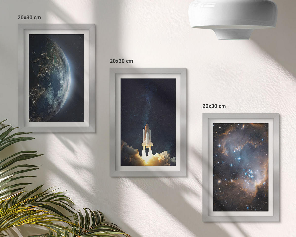 BILDER SET 3er Set - 20x30 cm Silberner Rahmen - Weltraum Erde Rakete Galaxie - Silberfarben, Kunststoff (20/30cm) - TULUP