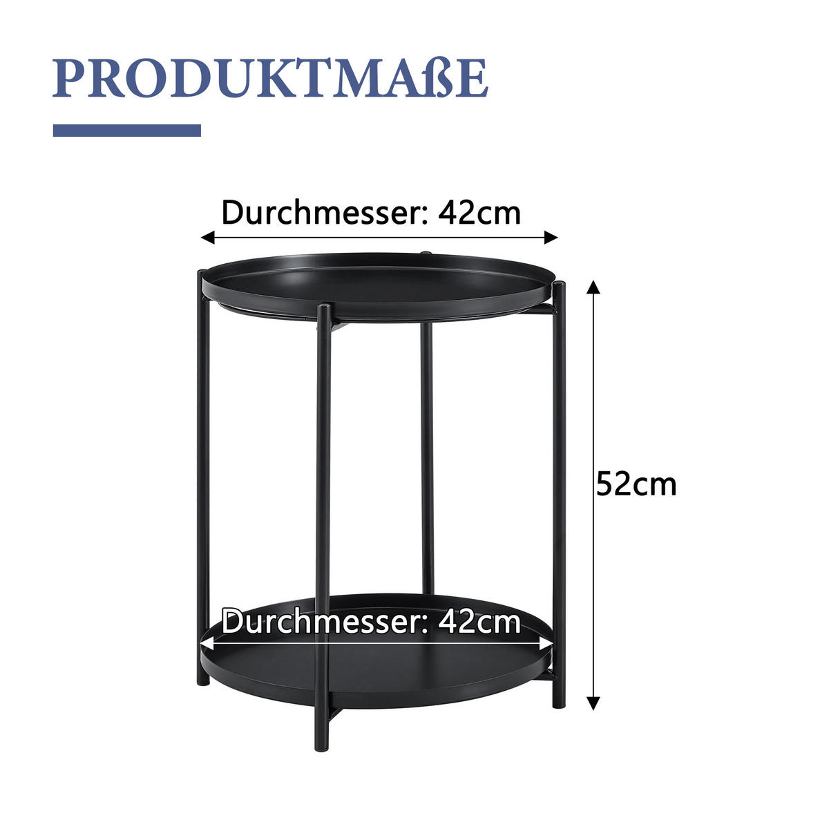 BEISTELLTISCH Schwarz mit 2 Ablagen 42/42/52 cm - Schwarz, Metall (42/42/52cm) - PANGIVO