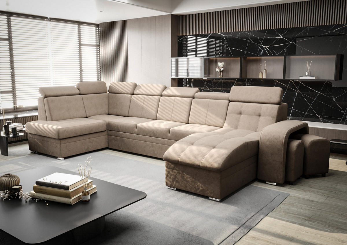 WOHNLANDSCHAFT KONGO RBN13, Eckcouch in U-Form mit Schlaffunktion, Farbe: Beige, Velourstoff, Ottomane Rechts - Beige, Textil (392/108/180cm) - O-Sofa