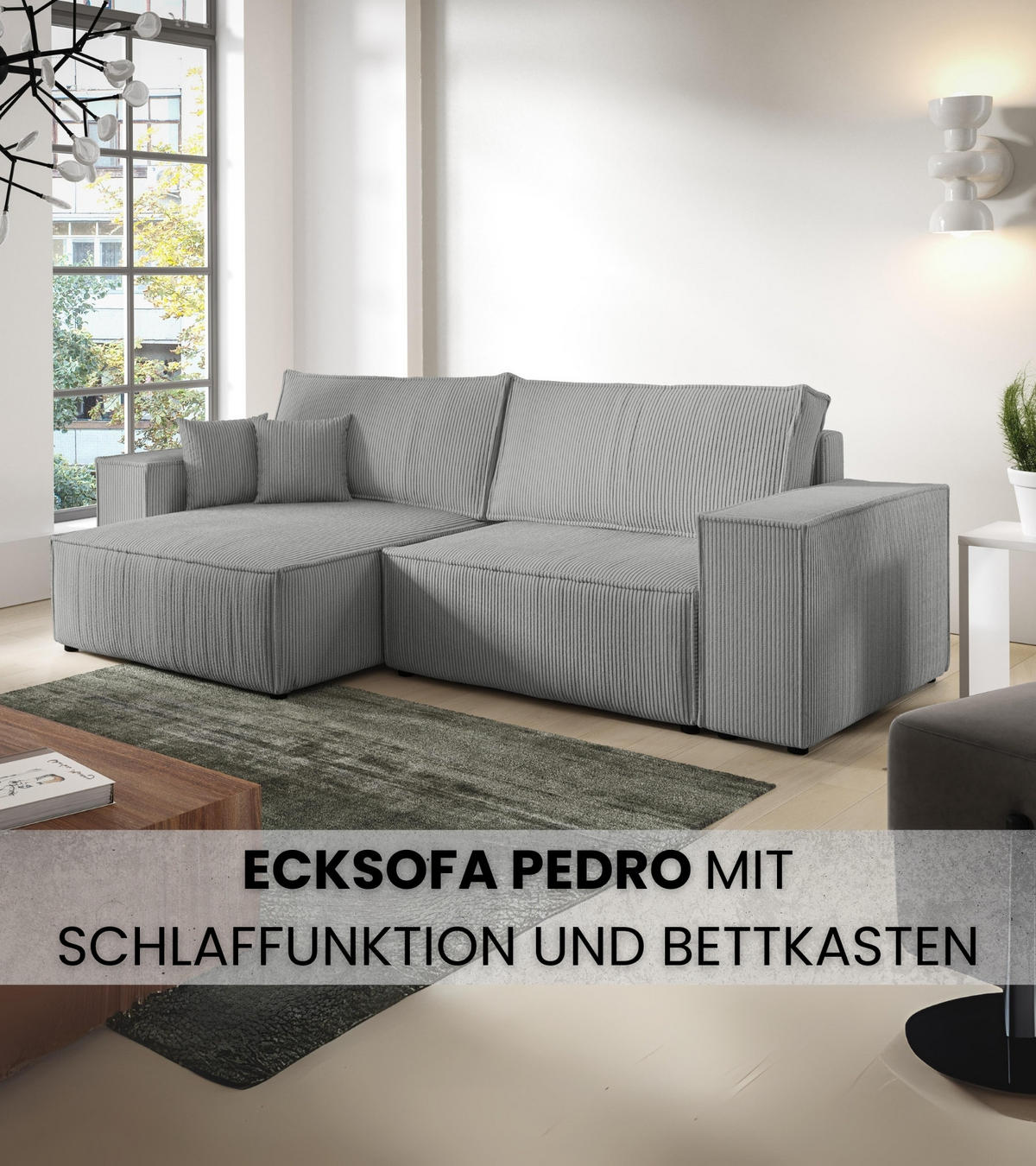 ECKSOFA Pedro mit Schlaffunktion Hellgrau Cord - Hellgrau, Textil (255/153cm) - Bromarkt