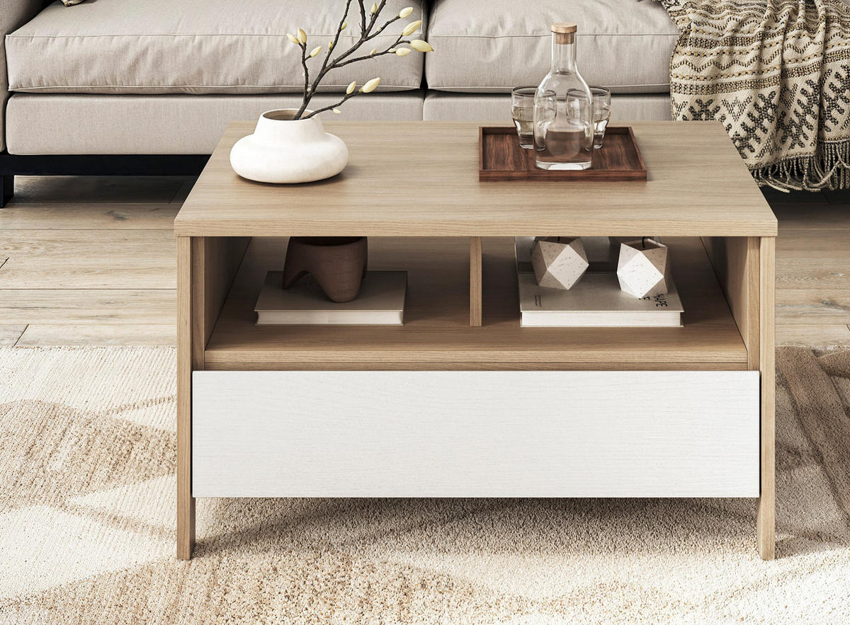 COUCHTISCH in weiß und Eiche Beistelltisch skandinavisch 80 x 60 cm, Soft-Close Finnes - Eichefarben/Weiß, Holzwerkstoff (60/80/46cm) - Furn.Design