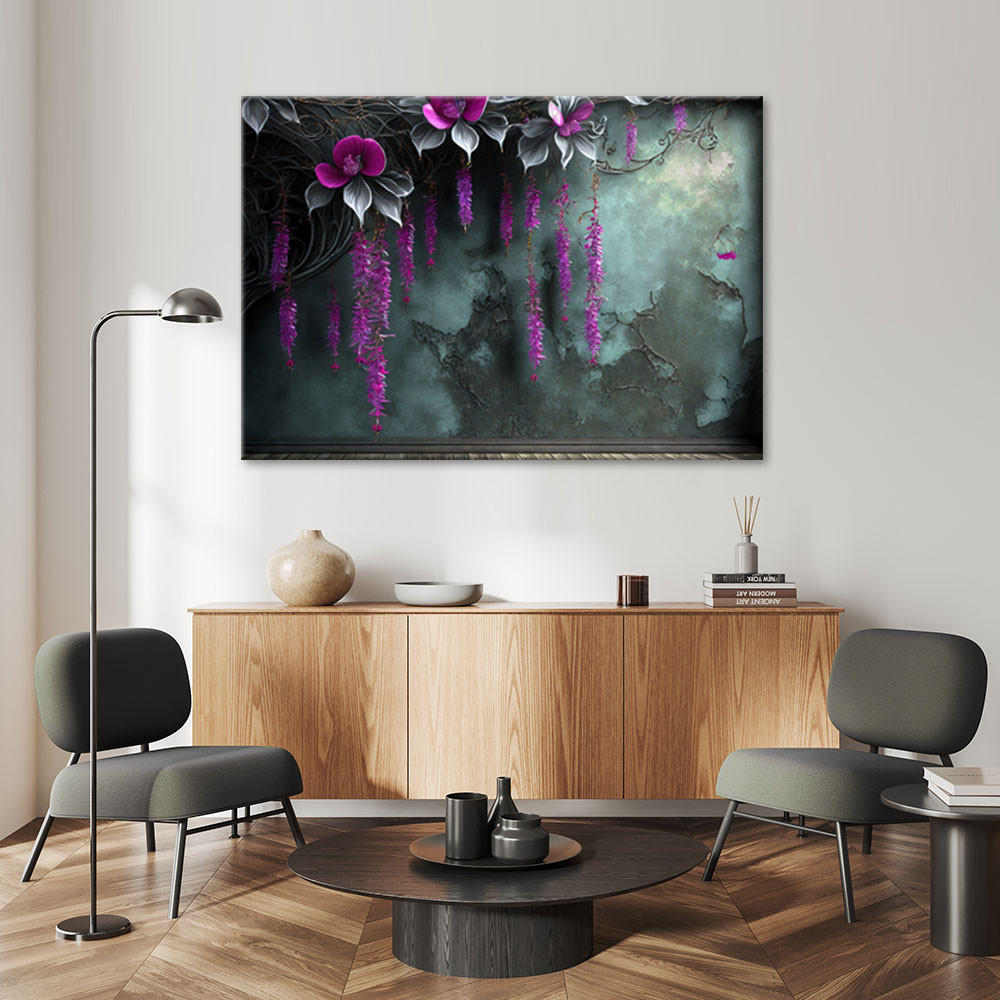 LEINWANDBILD Hängende violette Blumen auf Betonhintergrund 100x70cm - Grün, Textil (100/70cm) - Feeby