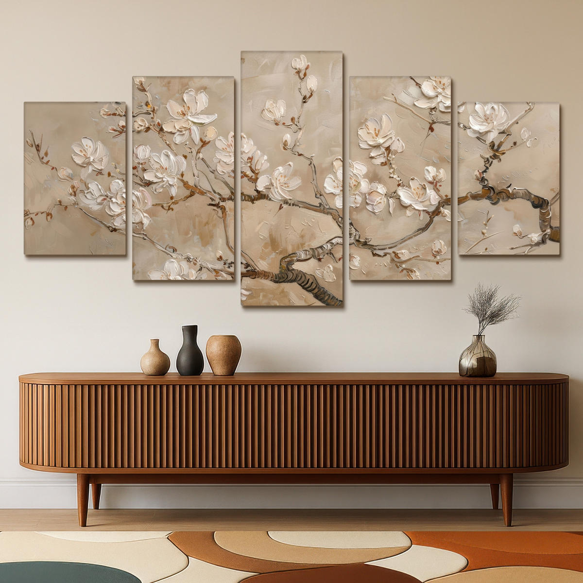 LEINWANDBILD 5er Set Beige - Blüte - Modern 200x100 cm - Greige, Textil (200/100cm) - MuchoWow