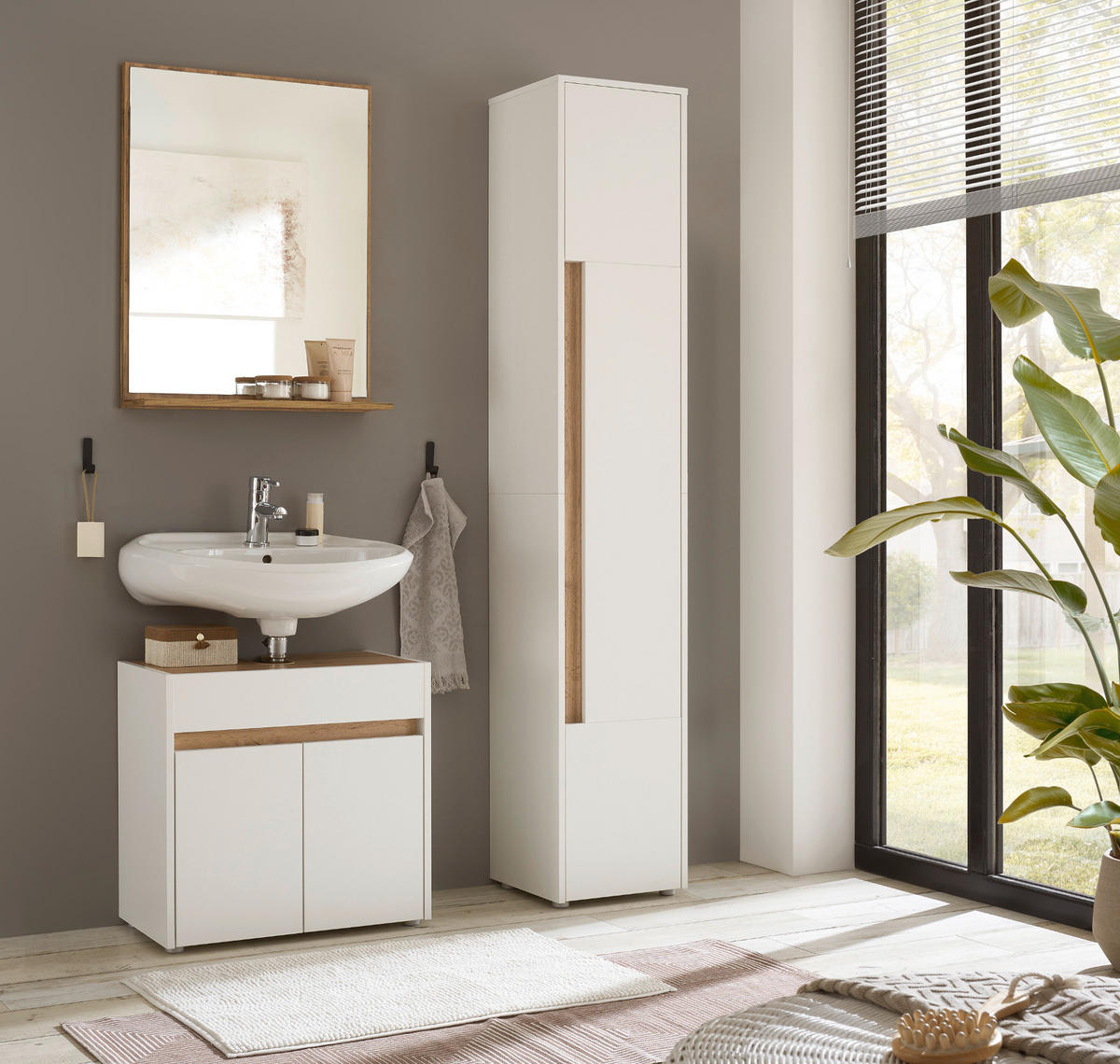 BADMÖBEL-SET 3-teilig weiß, Wotan Eiche, Badkombination 114 cm - Silberfarben/Eiche Wotan, Glas/Holz (116/200/34cm) - Furn.Design