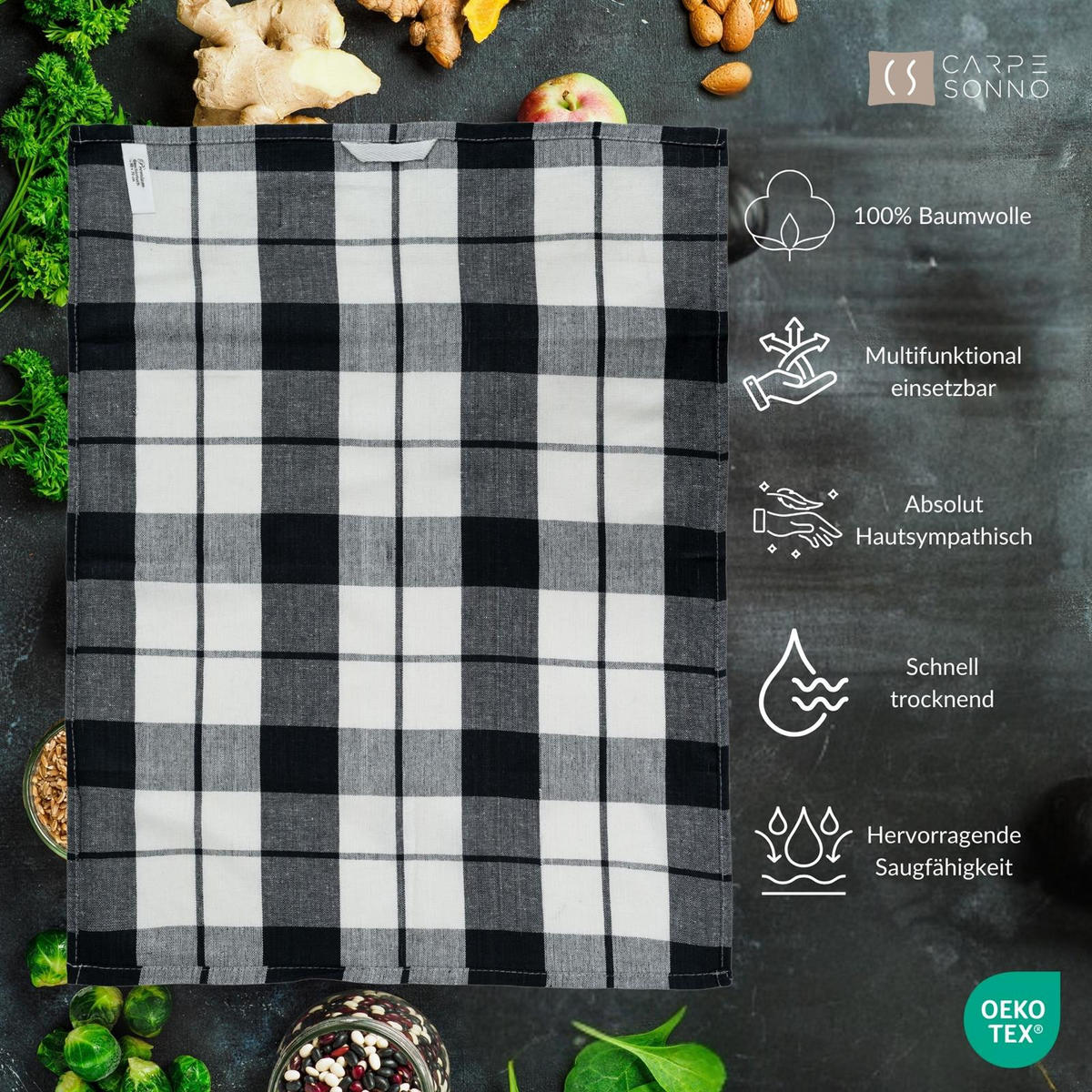 GESCHIRRTÜCHER 50x70 cm im 4er Set aus 100% Baumwolle, Küchentücher Schwarz - Schwarz, Textil (50/70cm) - Carpe Sonno