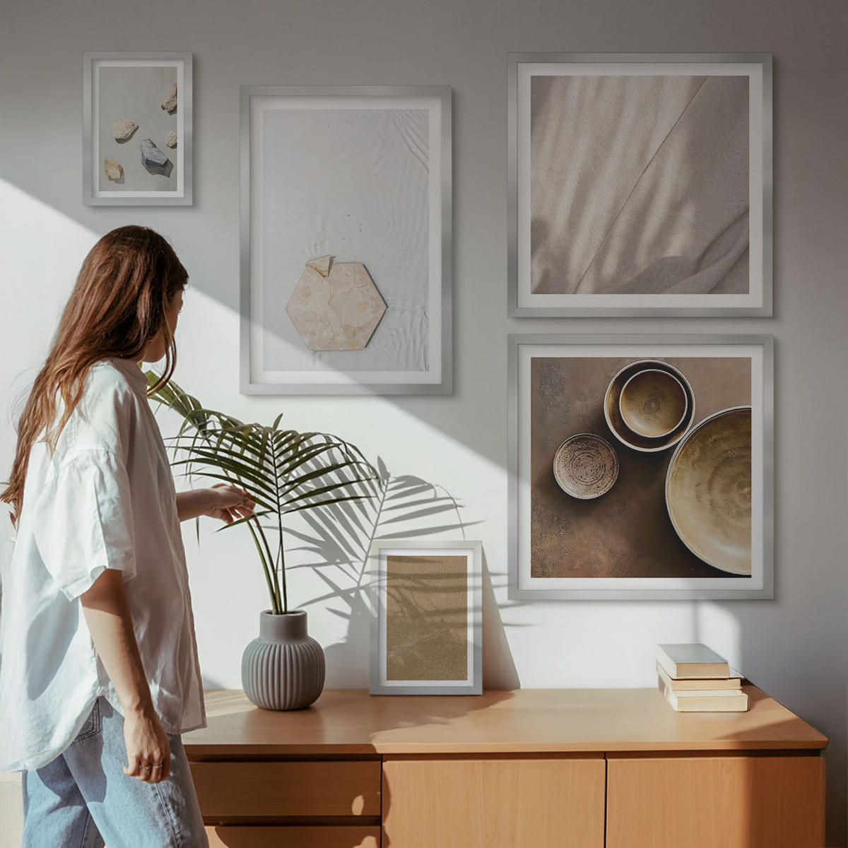 WANDBILDER 5er Set - 50x50 cm & 20x30 cm & 40x60 cm Silberner Rahmen - Minimalistische warme Texturen - Silberfarben, Kunststoff (40/60cm) - ArtPrintCave