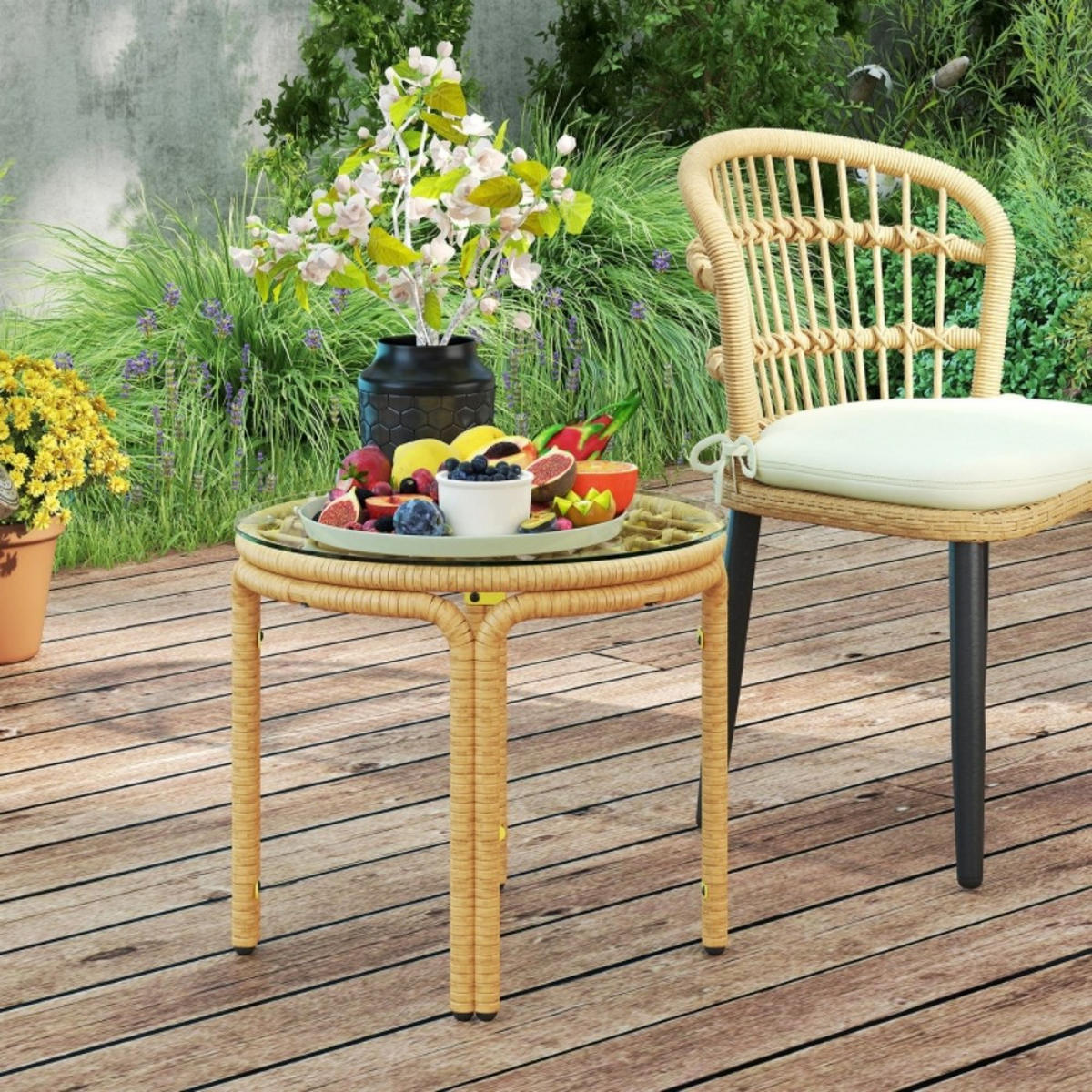 BALKONTISCH Ratten Beistelltisch,Gartentisch mit Glas Tischplatte,Braun - Braun, Metall (50/44/44cm) - LVHOM