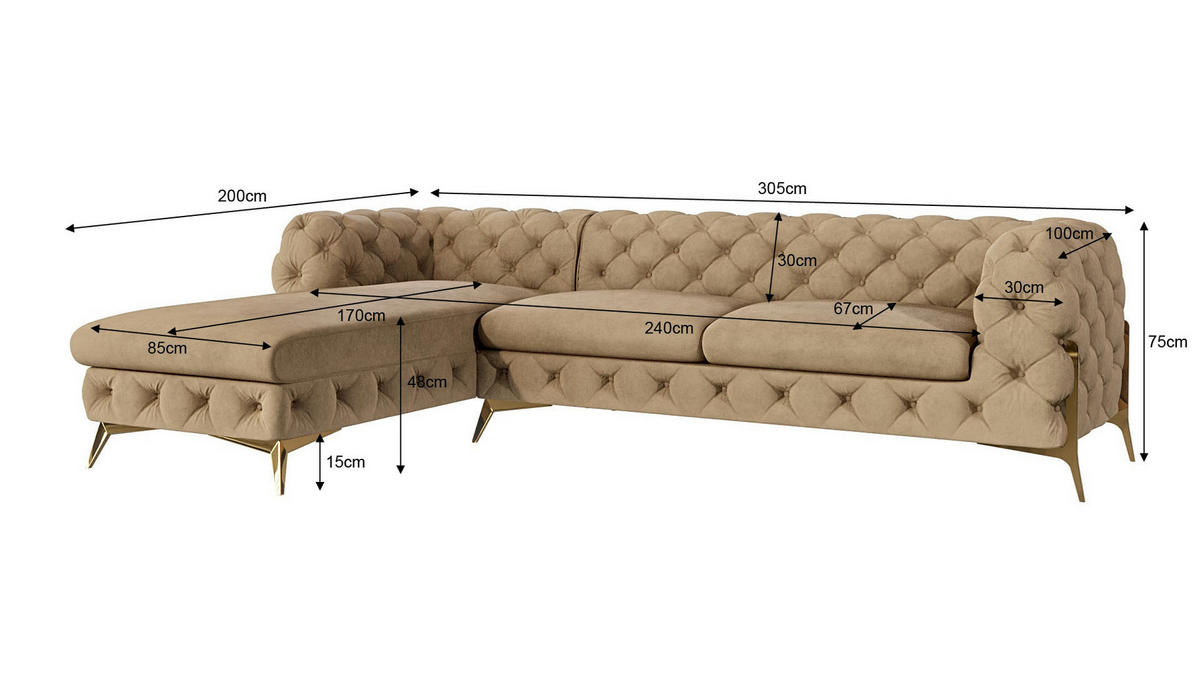ECKSOFA Chesterfield Lexi Beige Samt, Ottomane links - Beige/Goldfarben, Holz/Textil (305/200cm) - S-Style Möbel