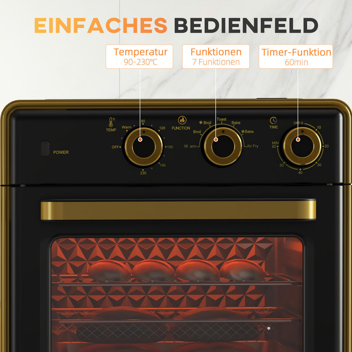 MINIBACKOFEN 20L 1400W Elektrobackofen mit 3 Einschubpositionen, Temperatur 90-230°C, 60 Min. Timer, Schwarz - Schwarz, Metall (36/34.5/37.7cm) - Beaface