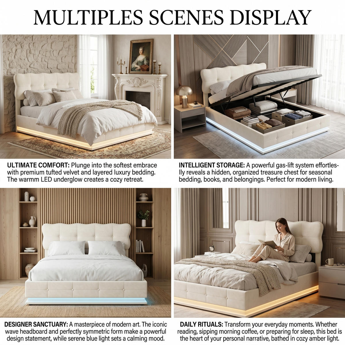 POLSTERBETT Wellen-Design 140/200 cm mit Bettkasten & LED Samtoptik Beige - Beige, Textil (140/200cm) - Creahappy