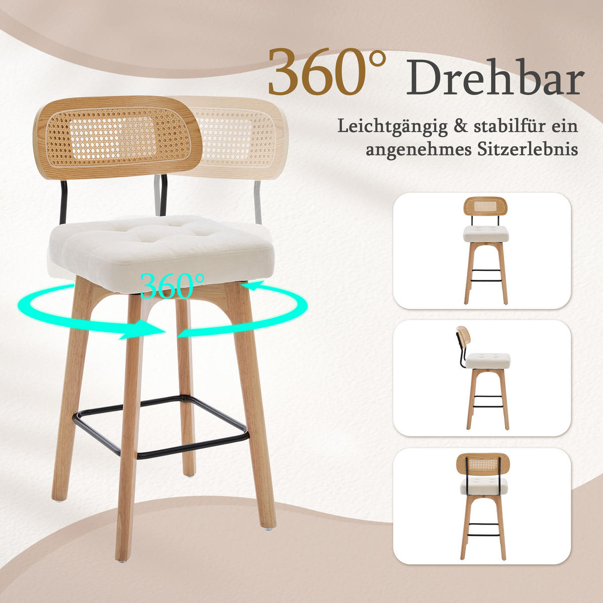 BARHOCKER 2er Set, 360° drehbar, Wiener Geflecht/Chenille, 67,5cm Sitzhöhe, Beige - Wildeiche/Beige, Holz/Textil (44/96/51cm) - LVHOM