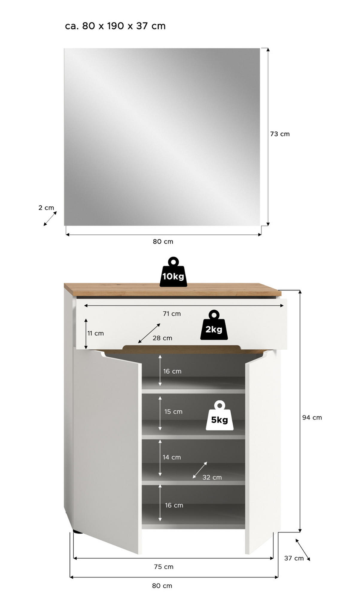 GARDEROBEN-SET weiß, Eiche Artisan 2-teilig, Flurkommode mit Soft-Close - Weiß, Glas/Holzwerkstoff (80/190/37cm) - Inn.Furn