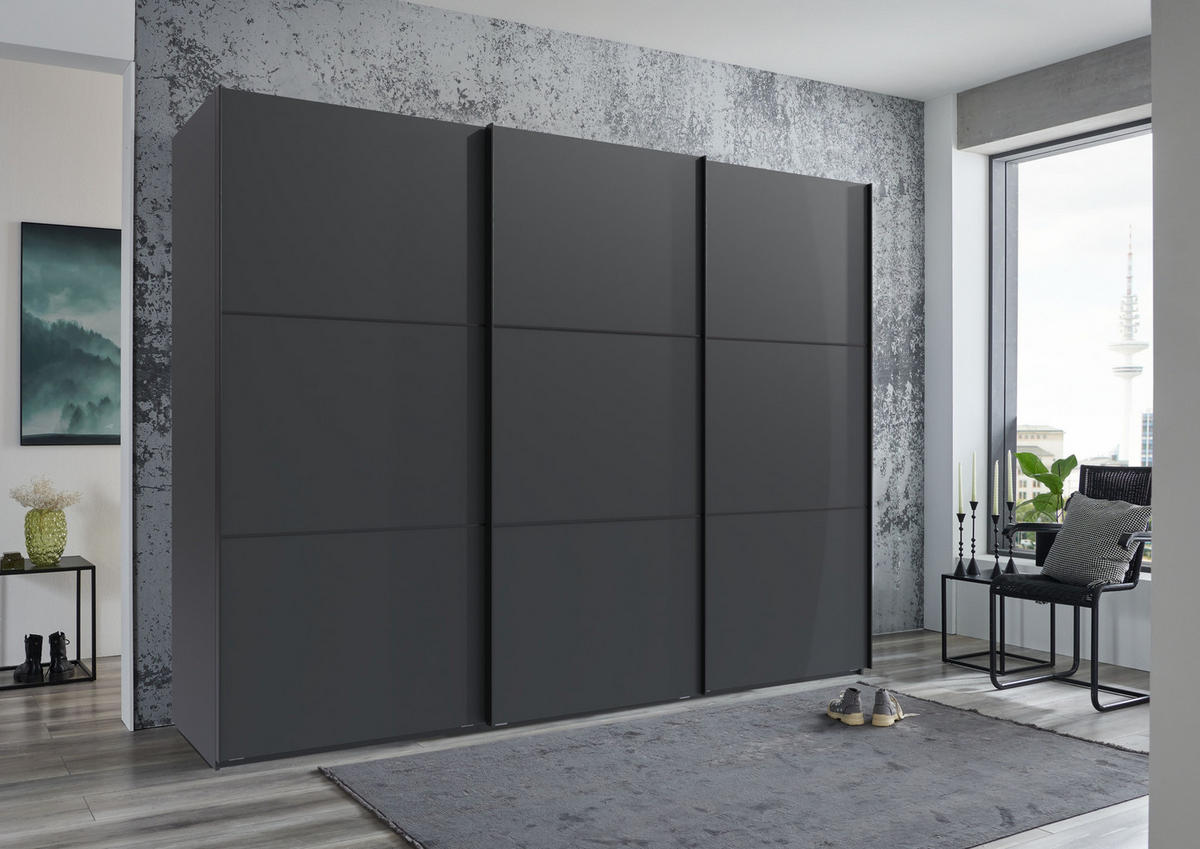 SCHWEBETÜRENSCHRANK 3-türig B300/H216/T65 cm inkl. Vollausstattung in Anthrazit / 22018 - Anthrazit/Schwarz, Holzwerkstoff/Metall (300/216/65cm) - luma-home