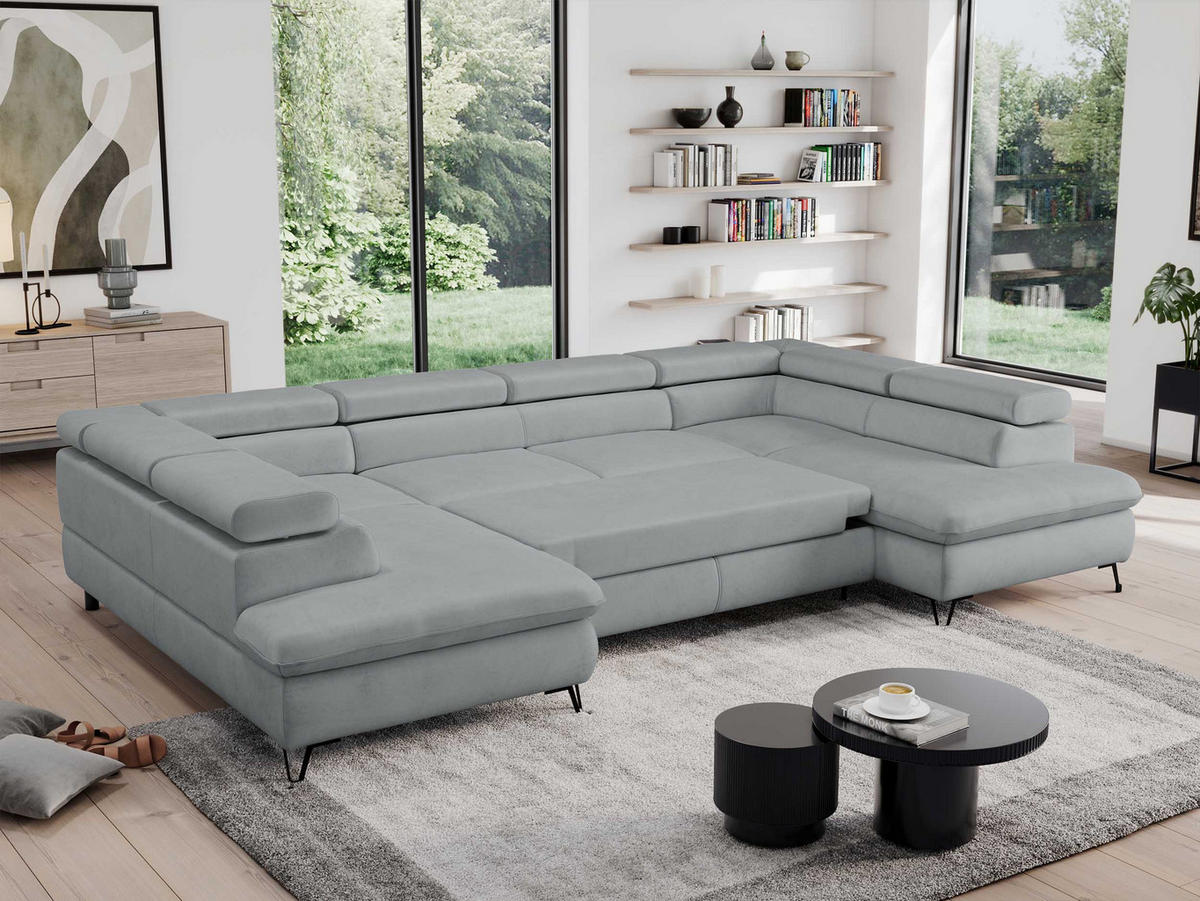 WOHNLANDSCHAFT PEDRO U Samt Hellgrau - Hellgrau/Schwarz, Textil/Metall (346/76/208cm) - MKS