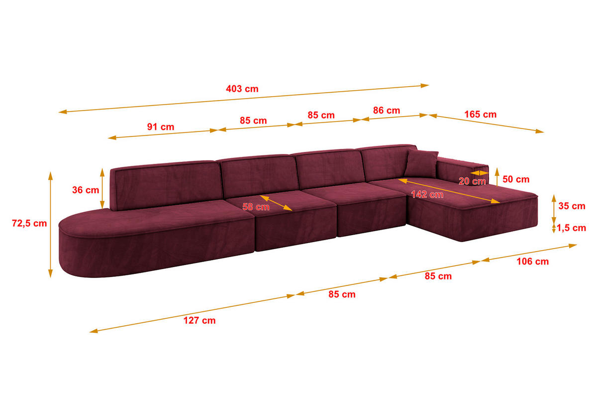 ECKSOFA Ottomane Rechts IREA-L3-v4 - 403x165x72,5 cm Bordeauxrot - Bordeaux, Holzwerkstoff/Textil (403/165cm) - ALTDECOR