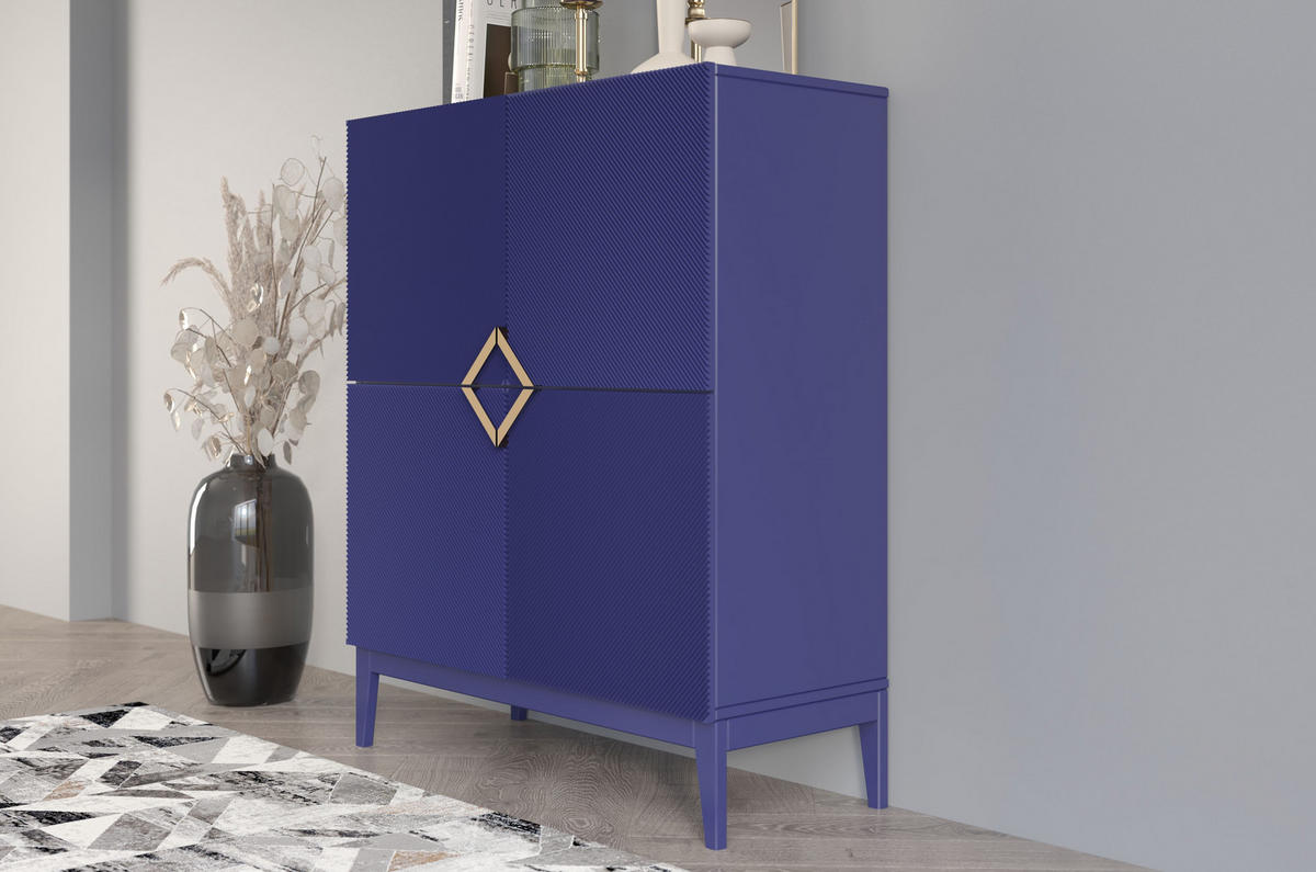 HIGHBOARD Demi High, Marinblau-Gold, Mit Gefrästen Fronten, Massive Buche - Dunkelblau, Holz/Holzwerkstoff (100.5/120.5/42cm) - Visby