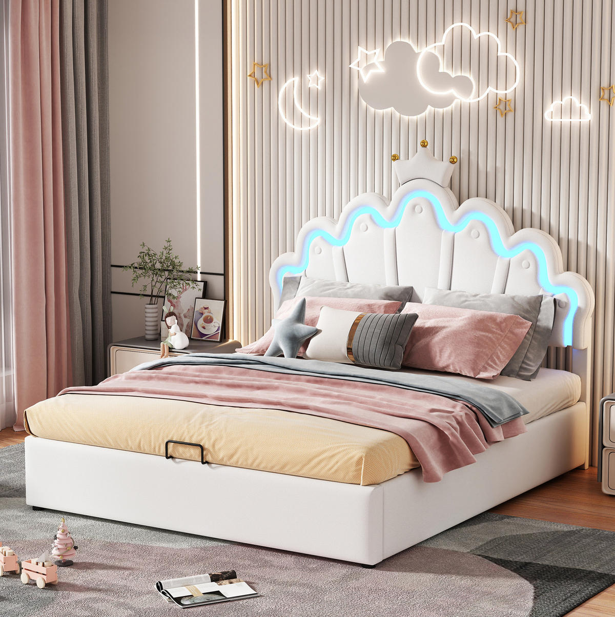 POLSTERBETT mit Stauraum und LED 140x200 cm PU Weiß - Weiß, Metall (140/200cm) - Meubliv