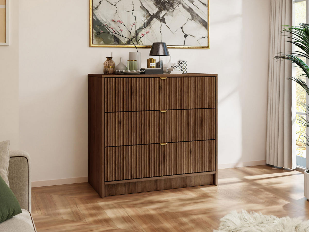 KOMMODE Tireno - Goldfarben/Nussbaumfarben, Holzwerkstoff/Metall (80/75/40cm) - MIRJAN24