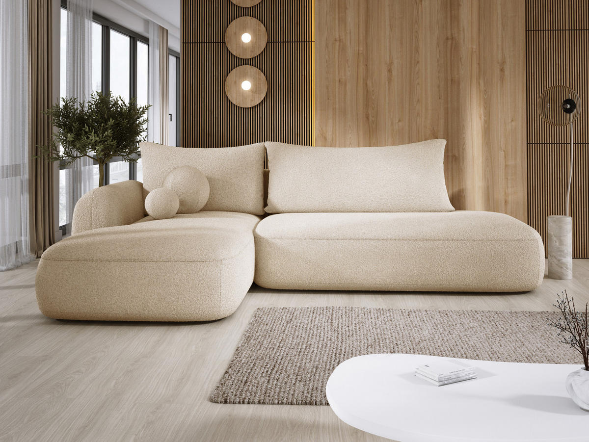 ECKSOFA BABU Mit Bettfunktion – Moderne Polsterecke Für Wohnzimmer Funktionales Schlafsofa Im Stoff NOW OR NEVER, 300x105x60cm, Linke, BEIGE - Sandfarben, Holz/Textil (190/300cm) - DomoHome