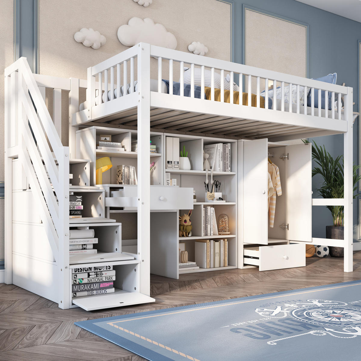 KINDERBETT Hochbett 90/200 cm aus Massivholz und MDF mit Schreibtisch, Stauraumtreppe und Kleiderschrank Weiß - Weiß, Holzwerkstoff (90/200cm) - Modenvie