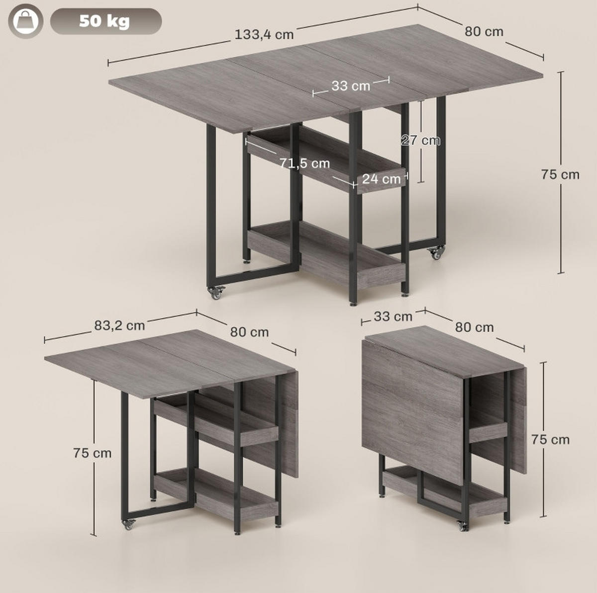 SKLÁDACÍ jídelní stůl 133,4/80/75 cm s 2 otevřenými přihrádkami, kolečky s brzdou a stabilní konstrukcí, Šedá - šedá, dřevo (133.4/80/75cm) - Redom