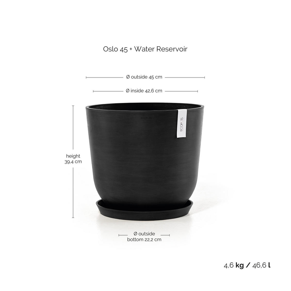 BLUMENTOPF mit Wasserreservoir Oslo 45/39,4 cm Dunkelgrau - Dunkelgrau, Kunststoff (45/39.4cm) - Ecopots