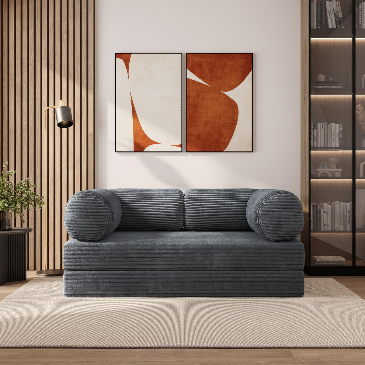 BETTSOFA ALVIO aus Schaumstoff Cordstoff Grau Schlaffunktion - Dunkelgrau, Textil (170/68/80cm) - MASSENO