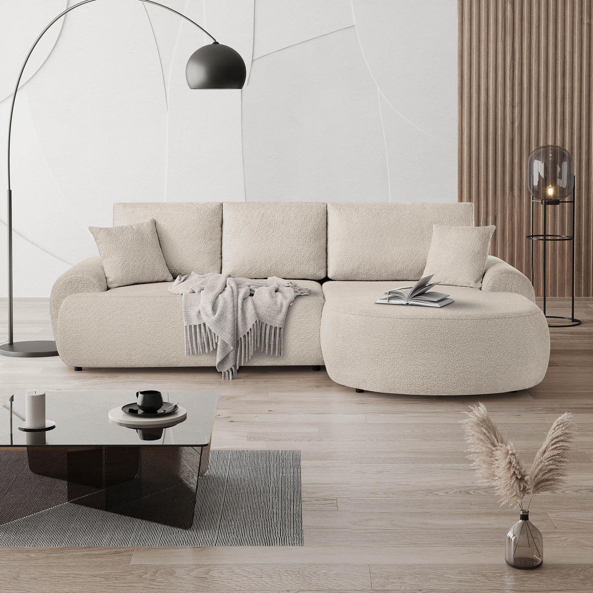 ECKSOFA Teddy L Beige, Bouclé-Stoff, rechts - Beige/Schwarz, Textil (270/170cm) - Beautysofa