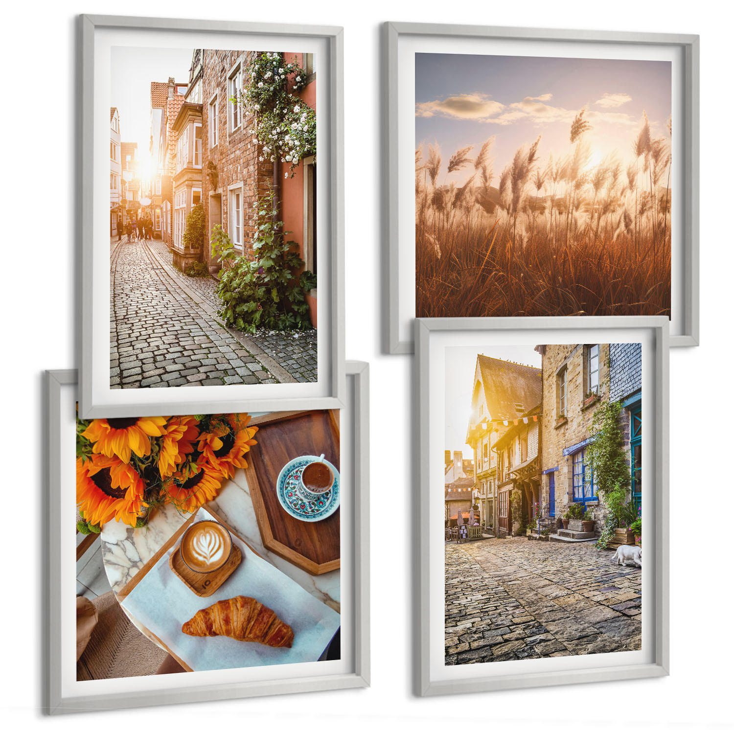 BILDER SET 4er Set - 50x50 cm & 40x60 cm Silberner Rahmen - Charmante Straßen mit Kaffee - Silberfarben, Kunststoff (50/50cm) - TULUP