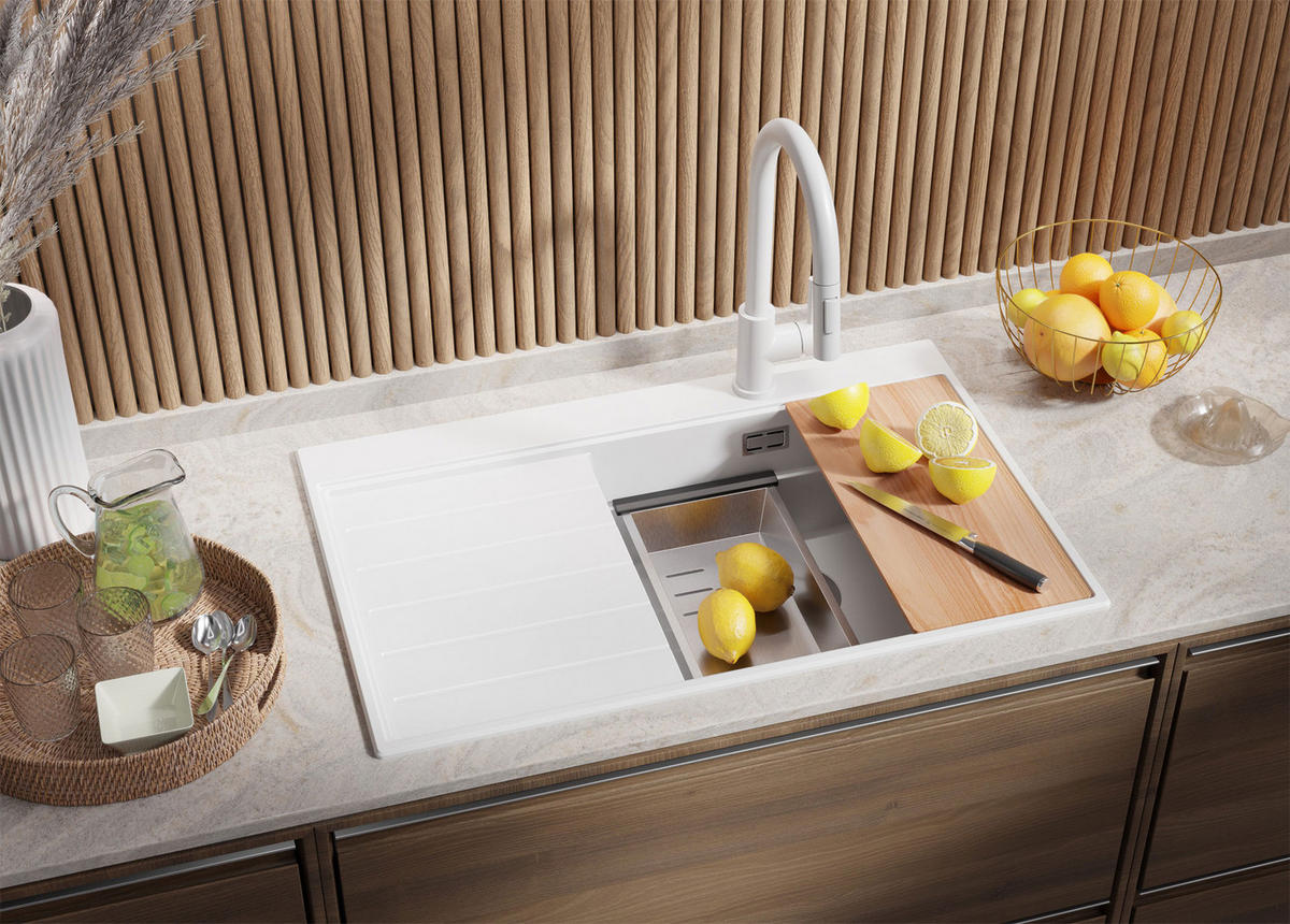SPÜLBECKEN Sydney, 2-er set Weiß 78/50 cm 1 Becken + Ablauf-Set + Küchenzubehörset ab 50er Unterschrank - Chromfarben/Beige, Kunststoff (78/20/50cm) - Primagran