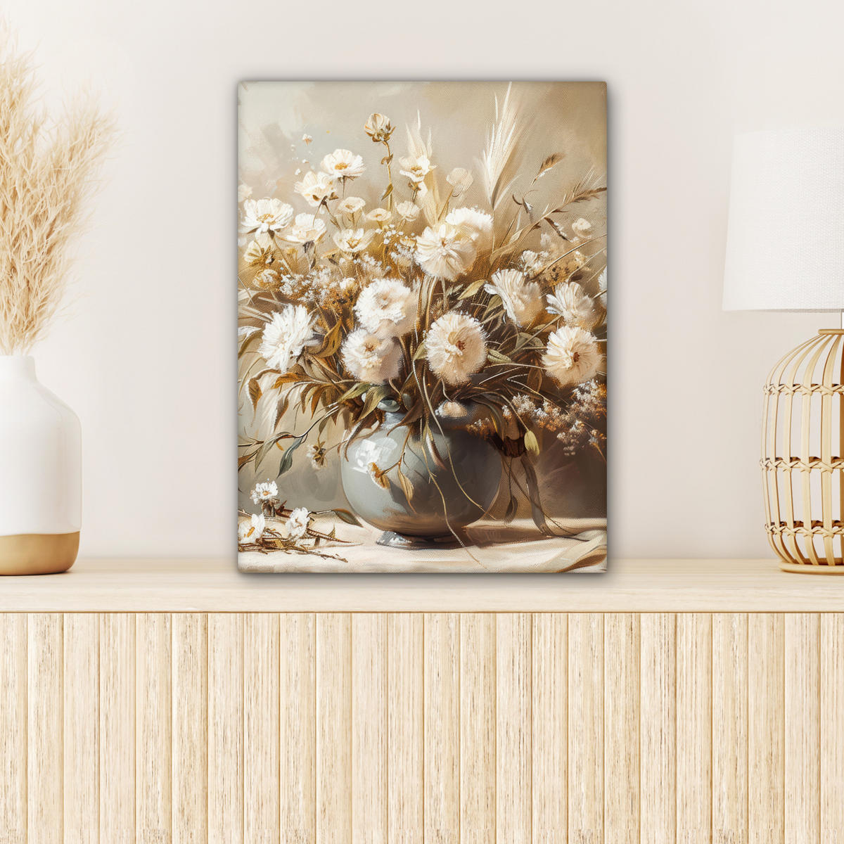 LEINWANDBILD Blumen - Vase - Stilleben - Beige 30x40 cm - Creme, Textil (30/40cm) - MuchoWow