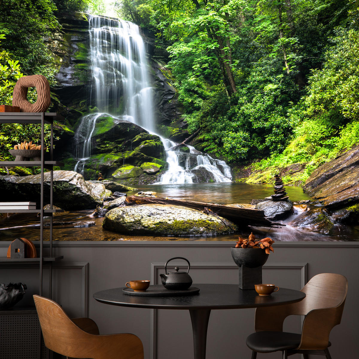 FOTOTAPETE Wasserfall im Dschungel Bäume Felsen 3D 450x315 - Braun/Weiß, Papier (450/315cm) - Muralo