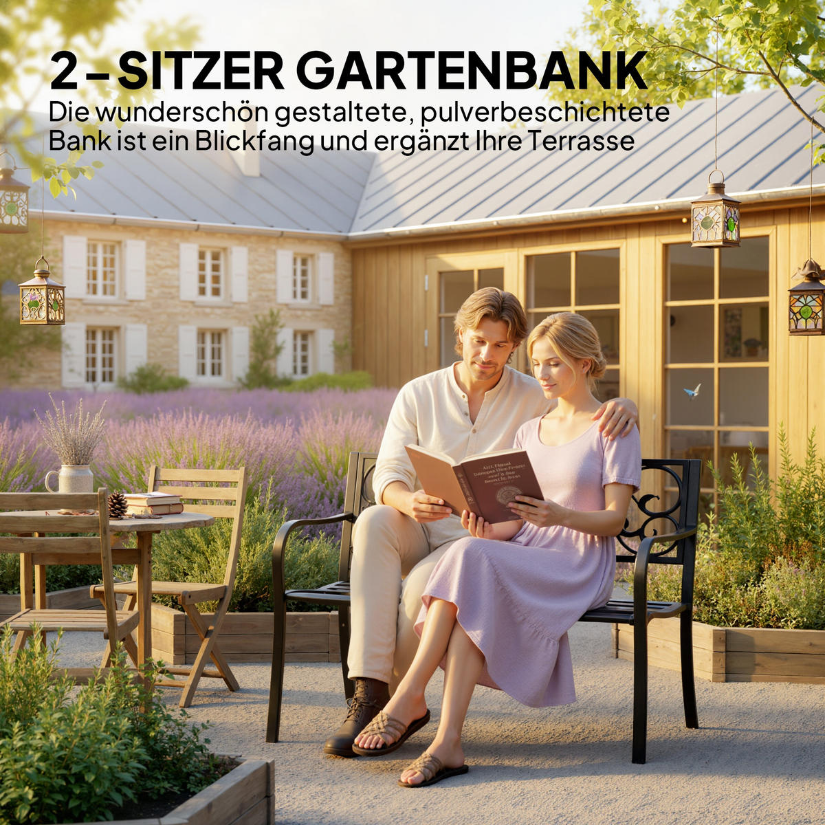 GARTENBANK, 3-Sitzer, Sitzbank, Stahlbank, mit Armlehnen, Stahl, Metall, Schwarz - Schwarz, Metall (60/89/127cm) - Outsunny
