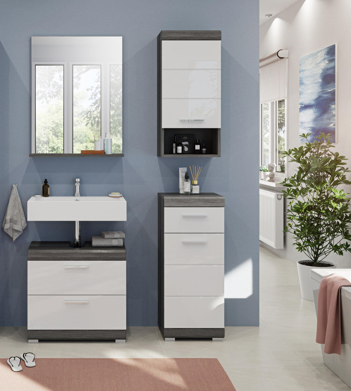 BADMÖBEL-SET weiß Hochglanz, grau 4-teilig 112 cm, Kombination mit viel Stauraum - Weiß Hochglanz/Grau, Holzwerkstoff (112/191/34cm) - Inn.Furn