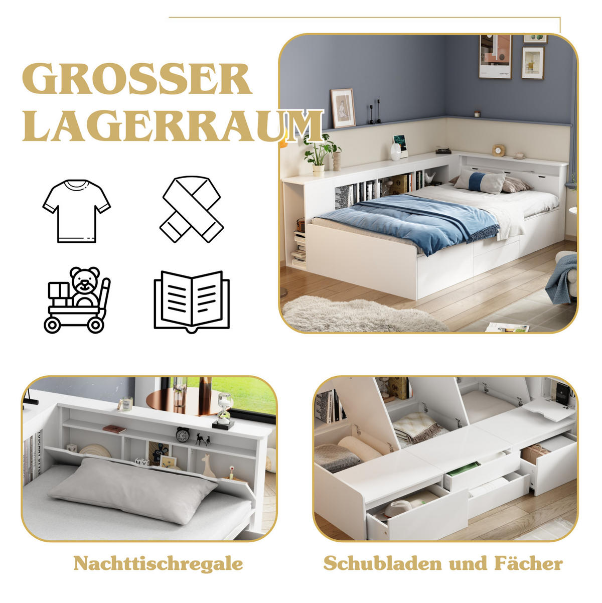 KINDERBETT 90/200 cm mit 4 Schubladen, Bücherregal und Stauraumschrank, Weiß - Weiß, Holzwerkstoff (90/200cm) - Redom