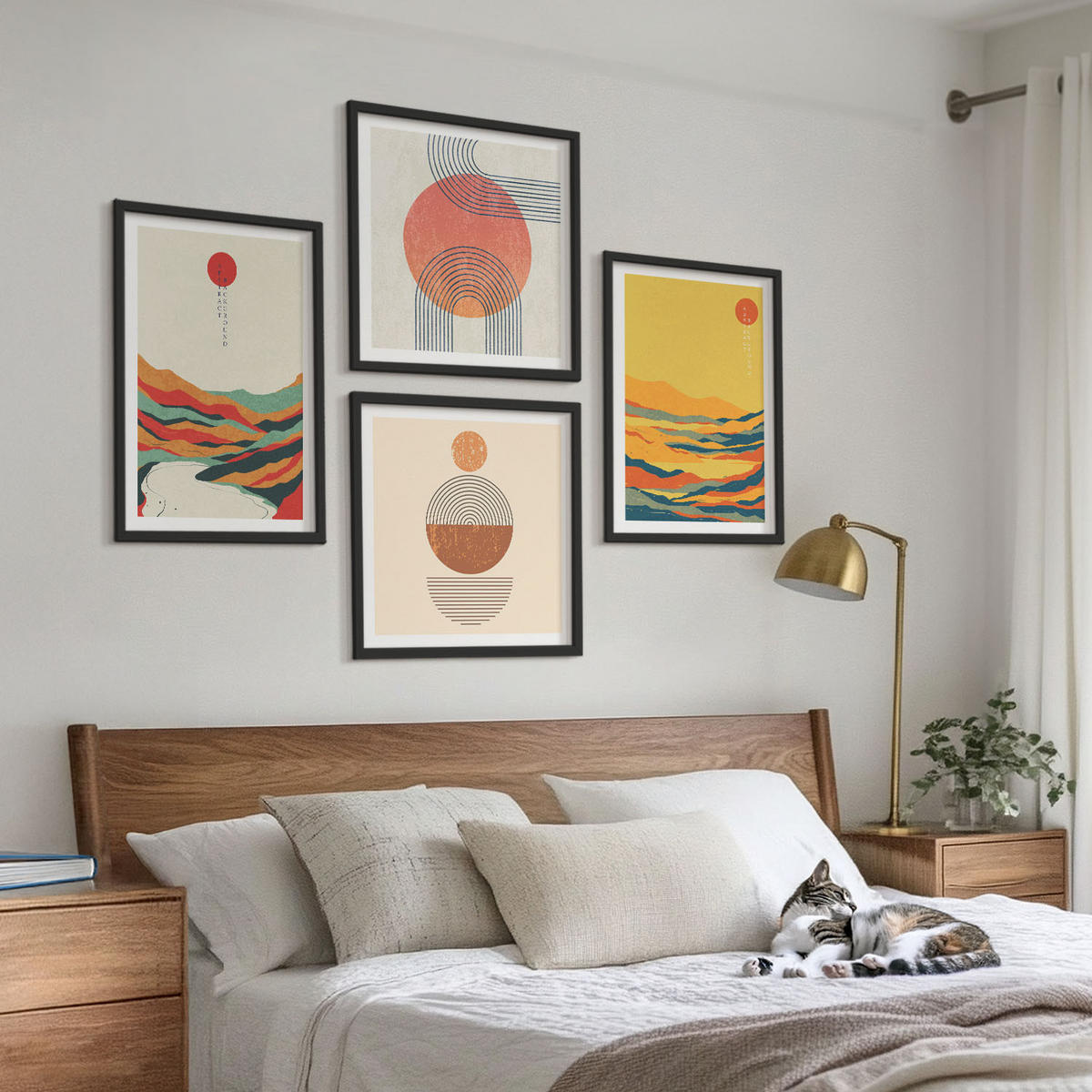 BILDER SET 4er Set - 50x50 cm & 40x60 cm Schwarzer Rahmen - Farbenfrohe Muster der Japandi-Flussberge - Schwarz, Kunststoff (50/50cm) - TULUP