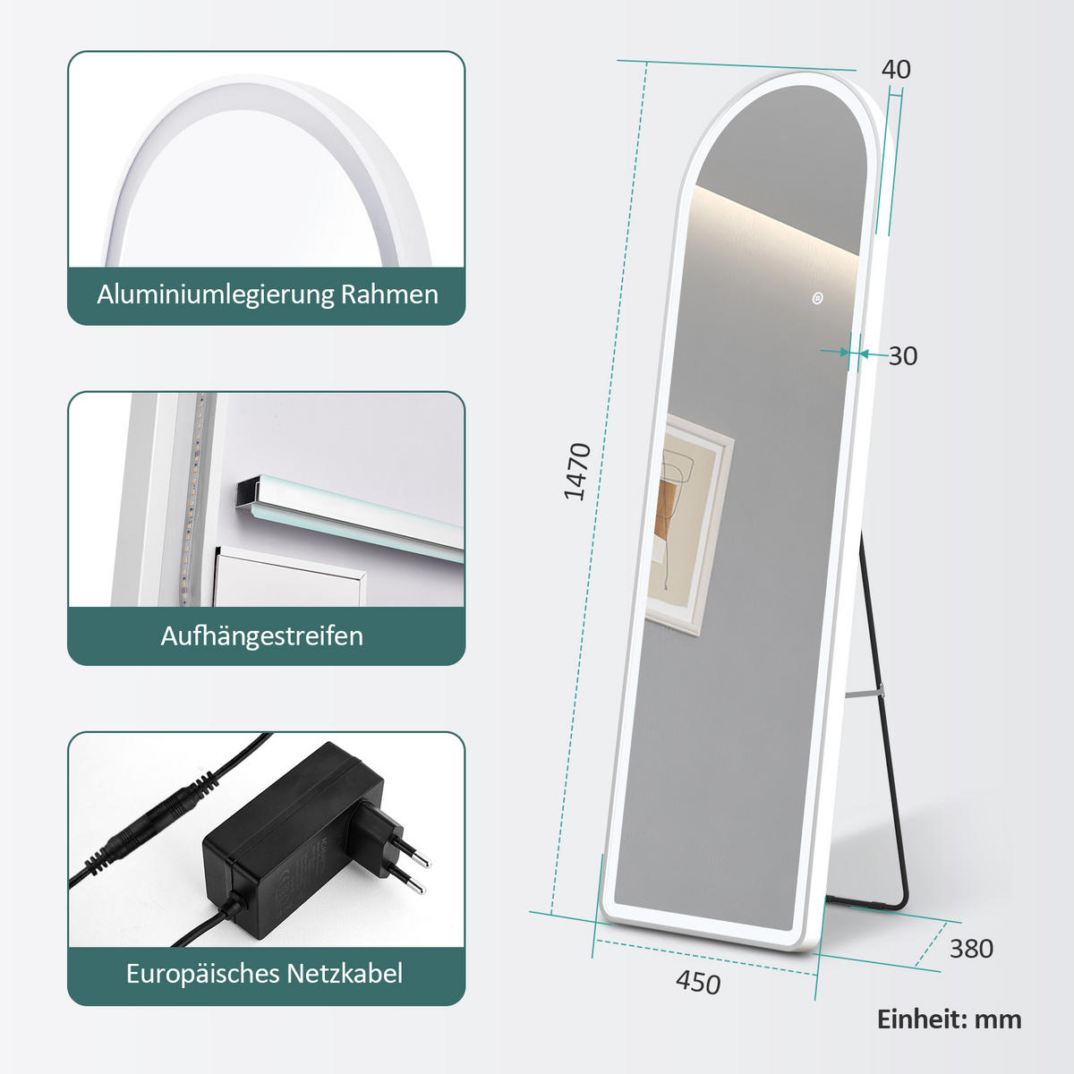 STANDSPIEGEL mit Beleuchtung und Rahmen weiß 147/45 cm - Weiß, Glas/Metall (45/147/147cm) - EMKE