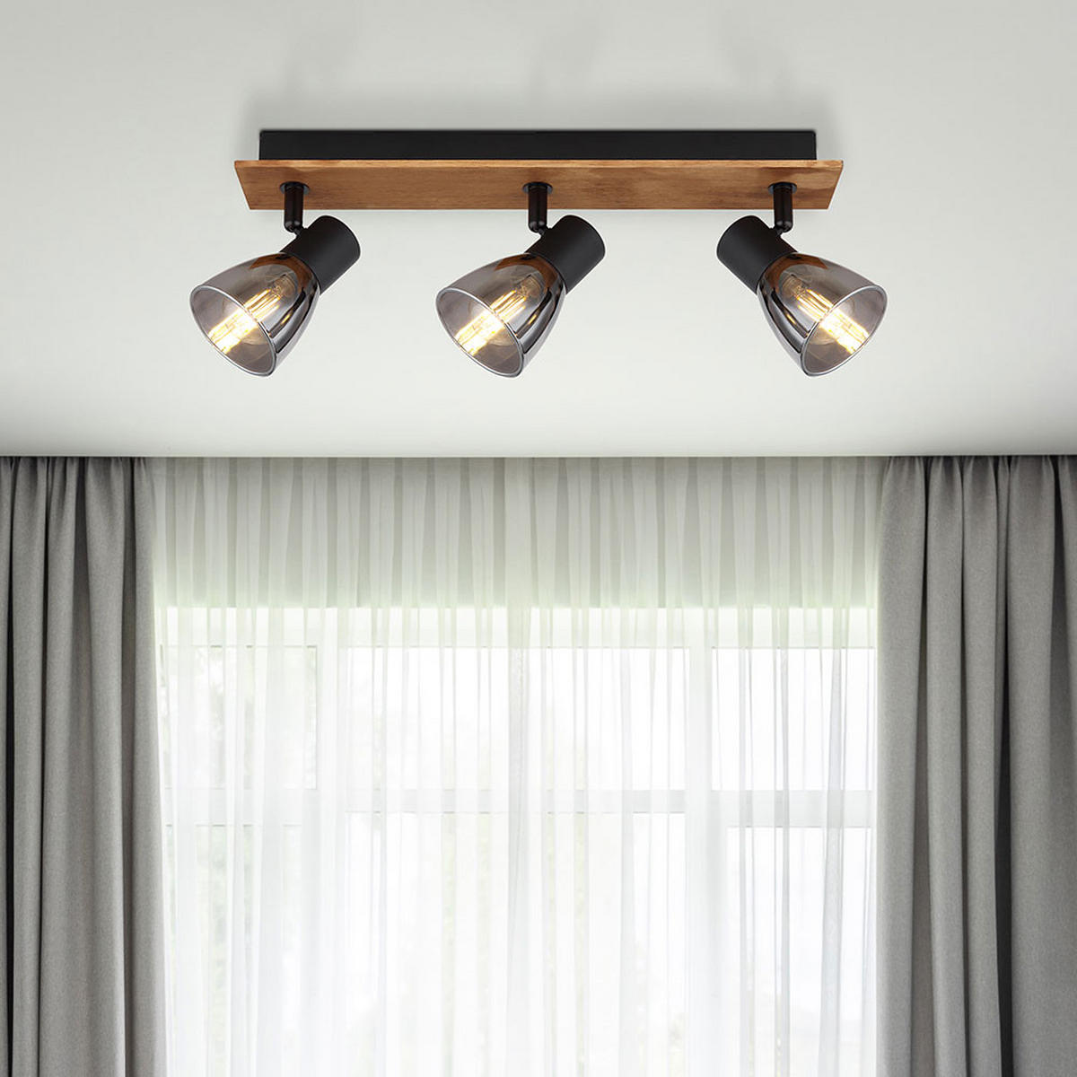 DECKENLEUCHTE Metall Glas Schwarz CLAUDE - Braun, Holz (40/7/15.5cm) - Globo Lighting