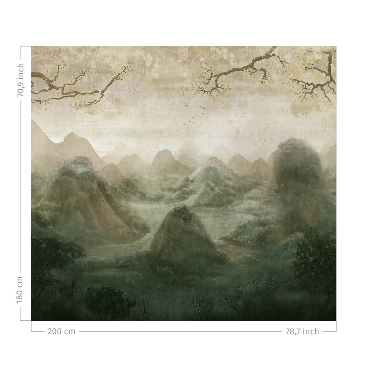 DUSCHVORHANG Blick durch Zweige auf die Berge grün 200/180 cm - Grün, Textil (200/180cm) - Bilderwelten