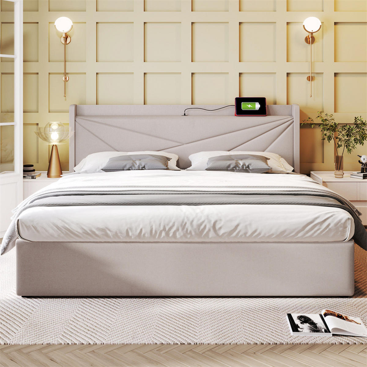 POLSTERBETT 180/200cm in Beige Leinen mit USB Typ C Ladefunktion Kopfteil - Beige, Holz/Textil (180/200cm) - KOMHTOM